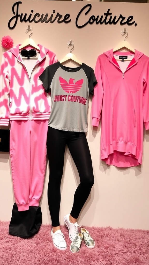 Stylish Juicy Couture Outfits Stylish Juicy Couture outfits including a pink velour tracksuit, graphic tee with leggings, and a cozy lounge dress on a fashionable display.